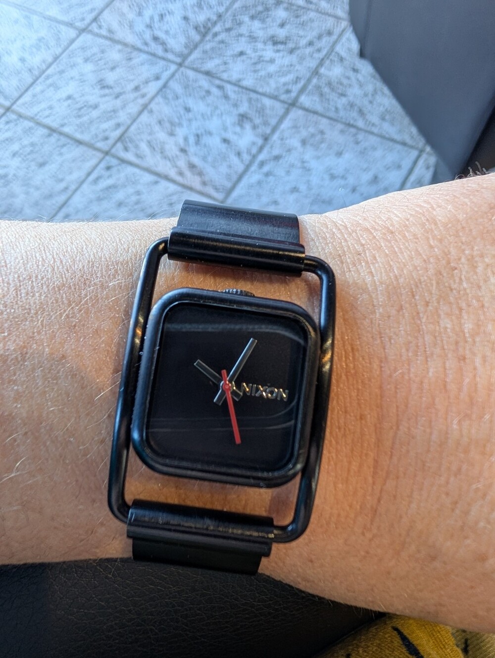 Nixon The Dynasty Black Cage Watch Square Dial Red Second Hand